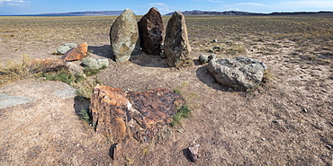 Ancient fireplace stones, site of a 12th century camp of Ghengis Khan and his troops, Altyn-Emel National Park, Almaty region, Kazakhstan, Central Asia, Asia