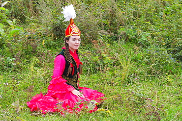 Young Kazakh woman, Kazakh ethnographical village Aul Gunny, Talgar city, Almaty, Kazakhstan, Central Asia, Asia