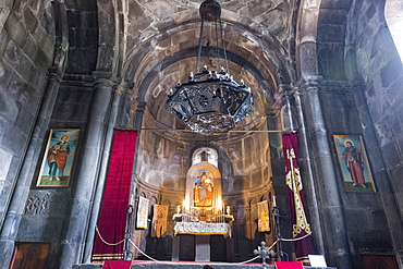 Main altar in the interior of the 4th century Geghard Monastery, UNESCO World Heritage Site, Kotayk Province, Yerevan, Armenia, Caucasus, Asia