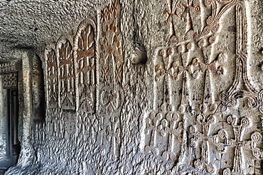 Bas-relief in interior of 4th century Geghard Monastery, UNESCO World Heritage Site, Kotayk Province, Yerevan, Armenia, Caucasus, Asia