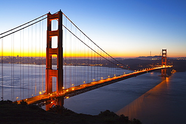 Golden Gate Bridge and San Francisco skyline at dawn, San Francisco, California, United States of America, North America