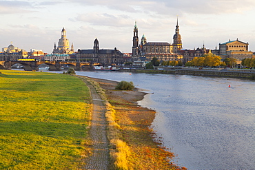 Historic Center of Dresden and the Elbe River at sunset, Saxony, Germany, Europe 