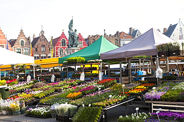 Flower Market in the historic Market Square, Bruges, Belgium, Europe