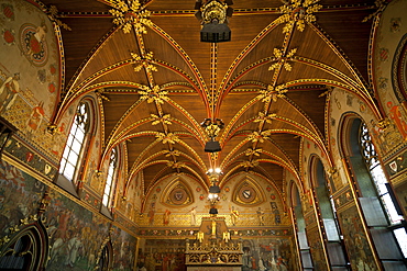 Vaulted ceiling of the Gothic Hall inside the Town Hall, Bruges, Belgium, Europe