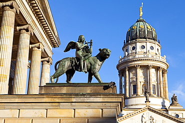 Sculpture of Tieck with the Theatre and Franzosisch (French) Church in the background, Gendarmenmarkt, Berlin, Germany, Europe 