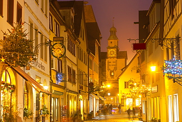 Hafengasse Street and the Markusturm at Christmas, Rothenburg ob der Tauber, Bavaria, Germany, Europe