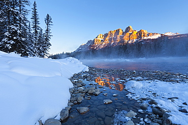 Castle Mountain and the Bow River in Winter, Banff National Park, Alberta, Canada, North America