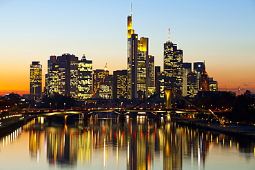 Frankfurt skyline at dusk, Frankfurt, Hesse, Germany, Europe 