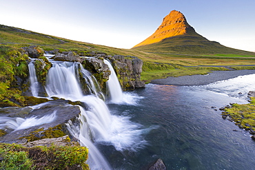 Kirkjufell Mountain and Kirkjufoss Waterfall at sunset, Snaefellsnes Peninsula, Iceland, Polar Regions