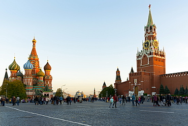 Red Square, St. Basil's Cathedral and the Savior's Tower of the Kremlin, UNESCO World Heritage Site, Moscow, Russia, Europe