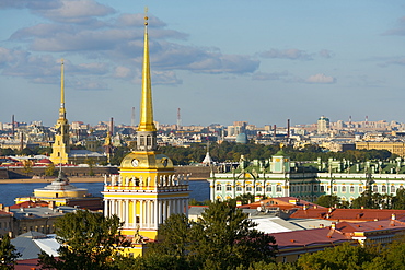 Overview of the Winter Palace (State Hermitage Museum), the Admiralty, and the St. Peter and Paul Fortress along the banks of the Neva River, St. Petersburg, Russia, Europe