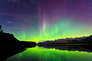 Aurora (Northern Lights) reflected in Lower Kananaskis Lake, Peter Laugheed Provincial Park, Alberta, Canada, North America