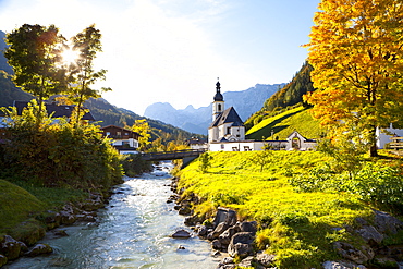 Ramsau Church in autumn, Ramsau, near Berchtesgaden, Bavaria, Germany, Europe 