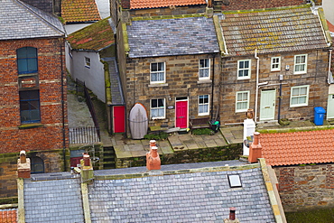 Elevated view of houses, Staithes, North Yorkshire, Yorkshire, England, United Kingdom, Europe