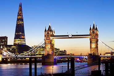 The Shard and Tower Bridge at night, London, England, United Kingdom, Europe 