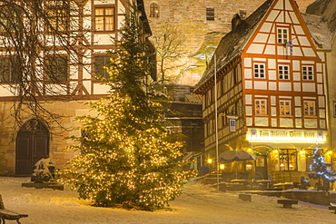 Christmas Tree lit up at night in the historic center of Nuremberg, Germany, Europe 