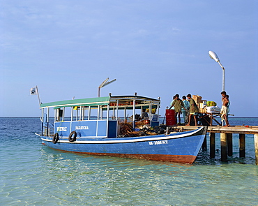 Rubbish collection by Dhomi on the island of Nakatchafushi in the Maldive Islands, Indian Ocean, Asia