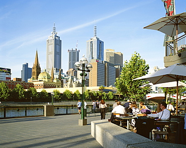 Open air cafe, and city skyline, South Bank Promenade, Melbourne, Victoria, Australia, Pacific