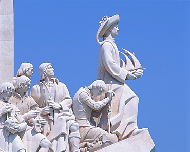 Close-up of statues on the Monument to the Discoveries at Belem, Lisbon, Portugal, Europe