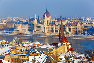 Hungarian Parliament illuminated by warm light on a winter afternoon, Budapest, Hungary, Europe 