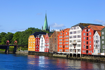 Nidaros Cathedral, old fishing warehouses and Gamle Bybro, Trondheim, Sor-Trondelag, Norway, Scandinavia, Europe 