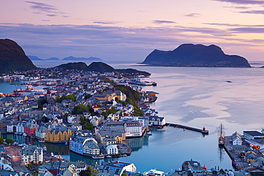 Elevated view over Alesund illuminated at dusk, Sunnmore, More og Romsdal, Norway, Scandinavia, Europe 