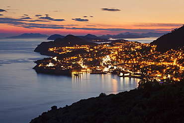 High angle view of Dubrovnik at sunset, UNESCO World Heritage Site, Dalmatia, Croatia, Europe