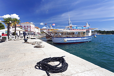 Excursion boat at the promenade at the harbour of Porec, Istra, Croatia, Europe