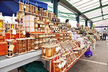 Offering of truffles, honey and olive oil on the market, Rovinj, Istria, Croatia, Europe