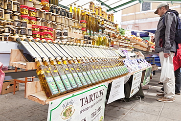 Truffles and bottles of olive oil selling on the market, Rovinj, Istria, Croatia, Europe