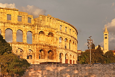 Roman amphitheatre at sunset, Pula, Istria, Croatia, Europe