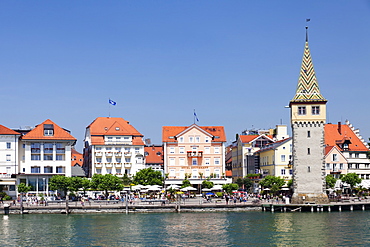 Seafront of the old town with Mangturm tower and port, Lindau, Lake Constance (Bodensee), Bavaria, Germany, Europe