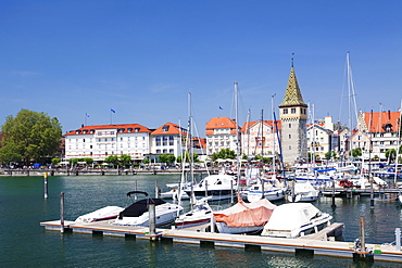 Seafront of the old town with Mangturm tower and port, Lindau, Lake Constance, Bavaria, Germany, Europe