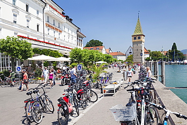 Bicycles at the promenade with the Mangturm tower, Lindau, Lake Constance, Bavaria, Germany, Europe