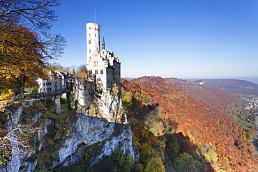 Lichtenstein Castle in autumn, Swabian Alb, Baden Wurttemberg, Germany, Europe