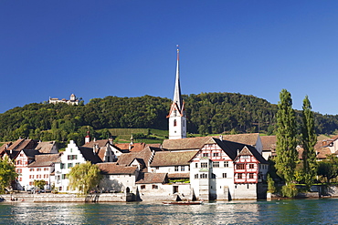 Old town along the Rhine promenade with Burg Hohenklingen castle, Stein am Rhein, Canton Schaffhausen, Switzerland, Europe