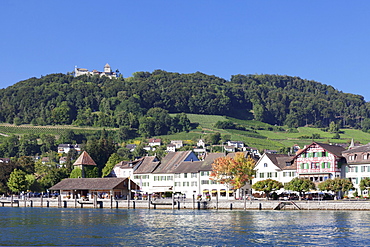 Old town along the Rhine promenade with Burg Hohenklingen castle, Stein am Rhein, Canton Schaffhausen, Switzerland, Europe