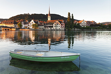 View over the Rhine River to the old town and St. Georgen monastery, Stein am Rhein, Canton Schaffhausen, Switzerland, Europe