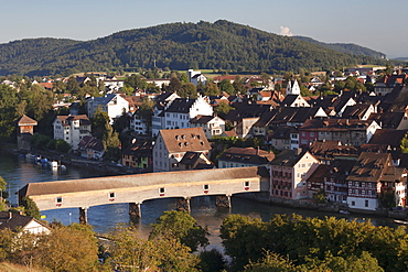 View over Diessenhofen with historic wooden bridge, Canton Schaffhausen, Switzerland, Europe