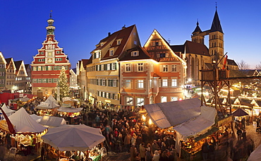 Christmas fair at the marketplace with old town hall and Sankt Dionys church, Esslingen, Baden Wurttemberg, Germany, Europe