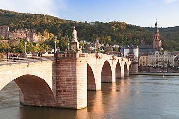 Karl Theodor Bridge with Stadttor gate, castle and Heilig Geist Church, Heidelberg, Baden Wurttemberg, Germany, Europe