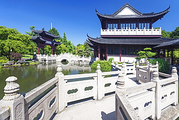 Tea house, Chinese Garden, Luisenpark municipal park, Mannheim, Baden Wurttemberg, Germany, Europe