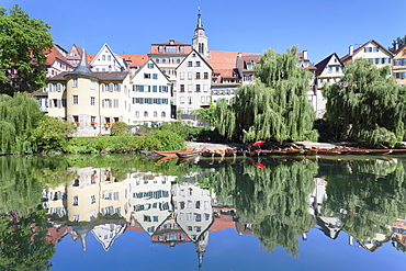 Old town with Holderlinturm tower and Stiftskirche Church reflecting in the Neckar River, Tubingen, Baden Wurttemberg, Germany, Europe