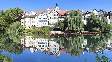 Old town with Holderlinturm tower and Stiftskirche Church reflecting in the Neckar River, Tubingen, Baden Wurttemberg, Germany, Europe 