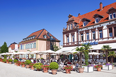 Street cafe and Palais Hirsch, Schwetzingen, Rhein-Neckar-Kreis, Baden Wurttemberg, Germany, Europe