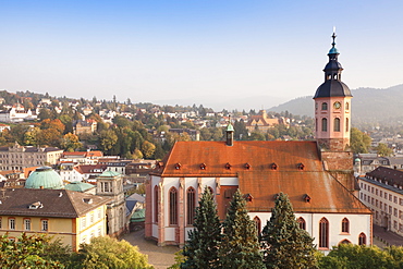 Aerial view of the old town with Stiftskirche collegiate church, Baden-Baden, Black Forest, Baden Wurttemberg, Germany, Europe