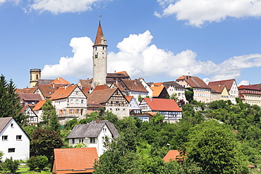 Stadtturm Tower and half timbered houses, Kirchberg an der Jagst, Hohenlohe Region, Baden Wurttemberg, Germany, Europe