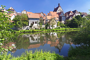 View over River Enz at the Old Town with Town Hall, Besigheim, Ludwigsburg District, Baden Wurttemberg, Germany, Europe