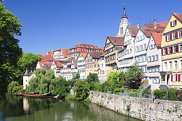 Old town with Holderlinturm tower Stiftskirche church reflecting in the River Neckar, Tubingen, Baden Wurttemberg, Germany, Europe 