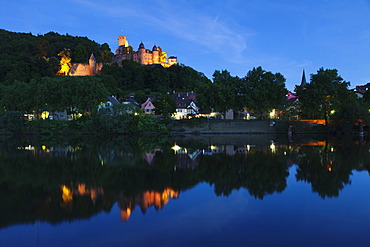 Wertheim Castle reflecting in Main River, Wertheim, Main Tauber District, Baden Wurttemberg, Germany, Europe